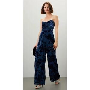 RTR sz 6 Hutch sonnie royal blue velvet floral print strapless jumpsuit wide leg